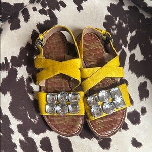 Yellow Cowhide Jeweled Cross-Strap Sandals 8.5